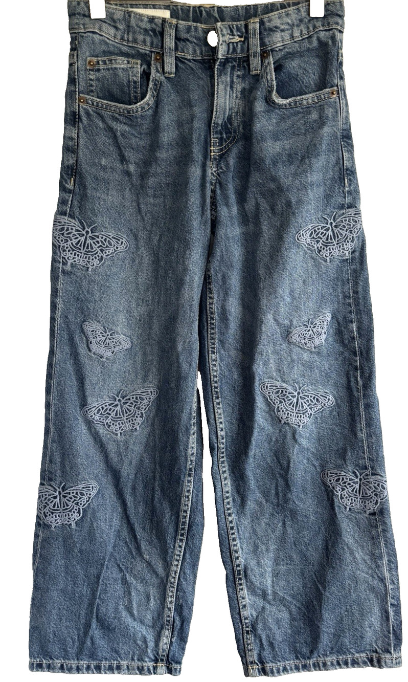 Zara Kids Embroidered Butterfly Wide Leg Jeans, Size 9-10